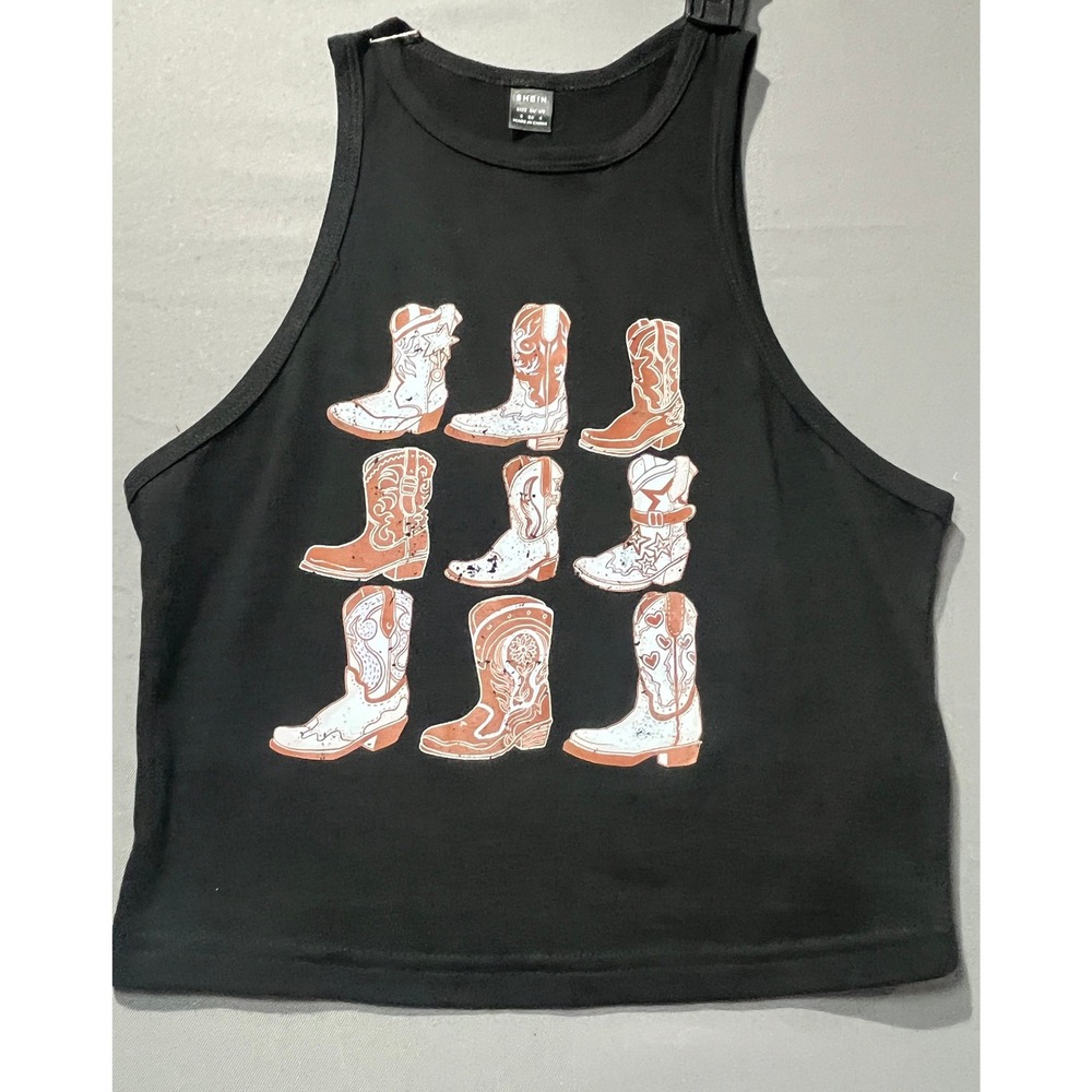 SHEIN Women Black Cowboy Boot Graphic Crop Top Sleeveless Western Tank Small